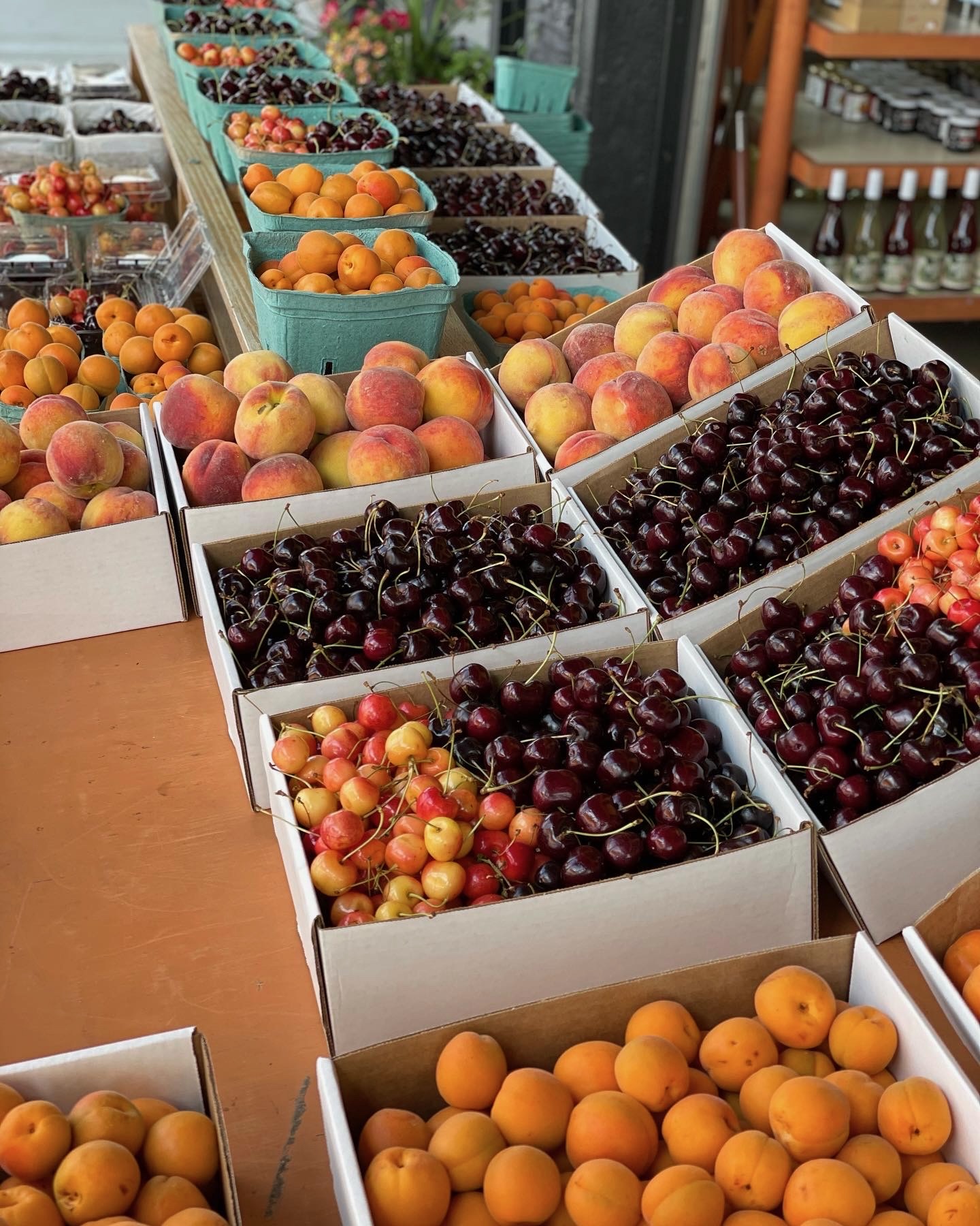 Fruit stand with cherries and peaches in boxes